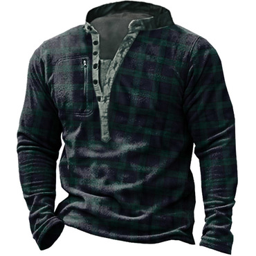 Men's Outdoor Retro Plaid Chic Polar Fleece Henley Collar Sweatshirt