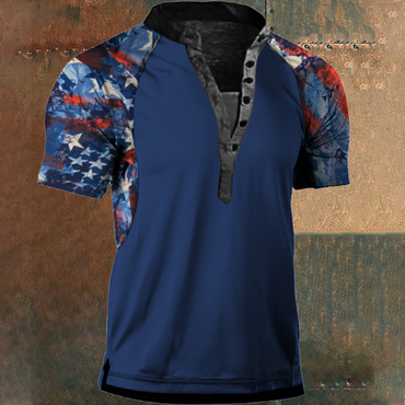 Men's American Flag Print Chic Panel Henley Collar T-shirt