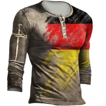 Men's Outdoor German Flag Chic Cross Retro Print Tactical Casual Henley Shirt