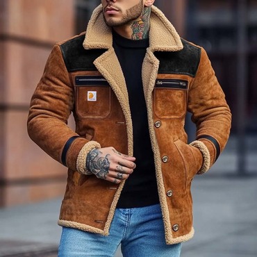 Men's Vintage Suede Fleece Chic Color Block Reverse Collar Outdoor Shearling Jacket