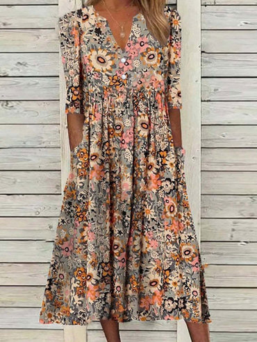 V-neck Casual Loose Floral Print Chic Summer Short Sleeve Midi Dress