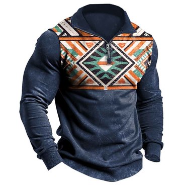 Men's Vintage Western Ethnic Chic Style Aztec Quarter-zip Stand Collar Long Sleeve Sweatshirt