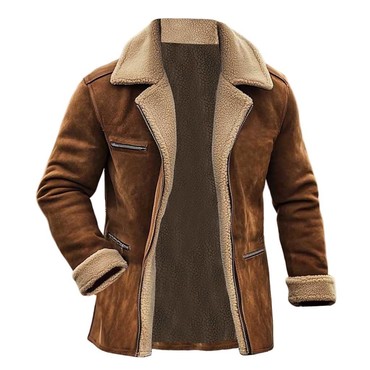 Men's Vintage Suede Shearling Chic Zipper Pocket Fleece Wool Fur Reverse Collar Mid-length Coat Jacket