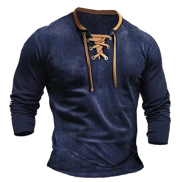 Men's Vintage Ribbed Knitted Chic Lace-up Color Block Long Sleeve T-shirt