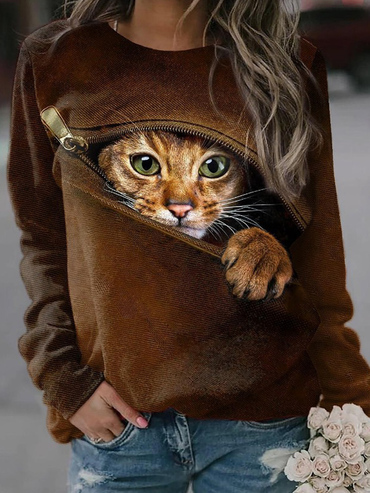 Round Neck Casual Loose Chic Home Cat Print Sweatshirt