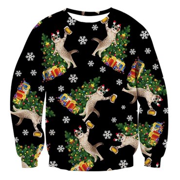 Unisex Beer Dj Cats Print Chic Crew Neck Ugly Christmas Sweatshirt