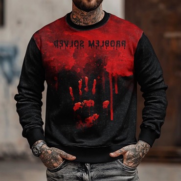 Men's Vintage Problem Solved Chic Bloody Hand Halloween Long Sleeve Crew Neck Sweatshirt