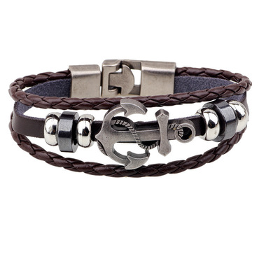 Cross-border Foreign Trade Wish Chic Fashion Anchor Leather Bracelet European And Hand-woven Multi-layer Men's Hand Rope Retro Bracelet