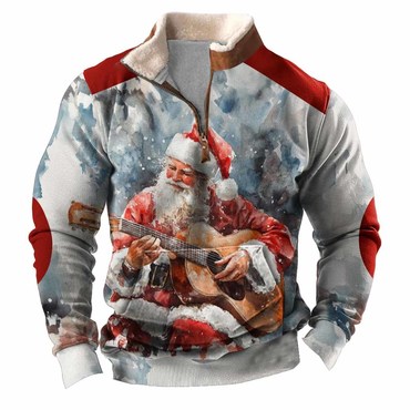 Men's Vintage Santa Claus Chic Plays Guitar Print Fleece Collar Quarter Zip Stand Collar Ugly Christmas Sweatshirt