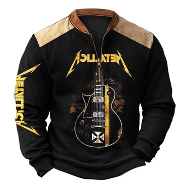 Men's Vintage Rock Band Chic Guitar Print Color Block Henley Zipper Long Sleeve Sweatshirt