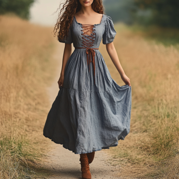 Ladies Vintage Lace-up Puffed Sleeve Chic Western Style Cotton And Linen Rustic Boho Dress