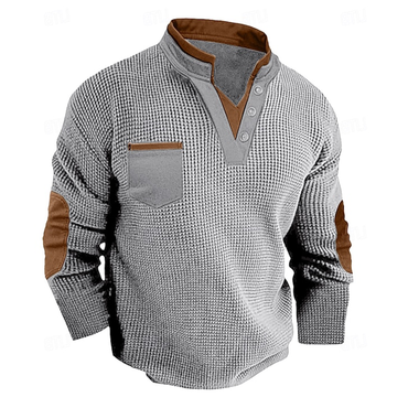 Men's Waffle Tee Polo Chic Shirt Street Casual V Neck Long Sleeve Sweatershirts