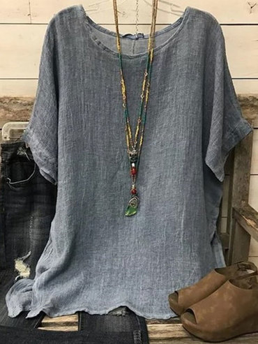 Round Neck Casual Loose Chic Solid Color Linen Short-sleeved Blouse