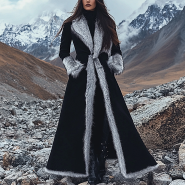 Women's Vintage Black Ethnic Chic Style Silver Fox Fur Trim Suede Jacket Long Afghan Coat