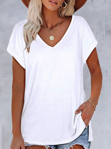 V-neck Casual Loose Solid Chic Color Short-sleeved T-shirt