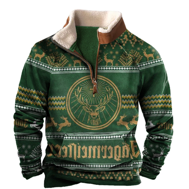 Men's Vintage Jgermeister Christmas Print Chic Half-zip Stand Collar Sweatshirt