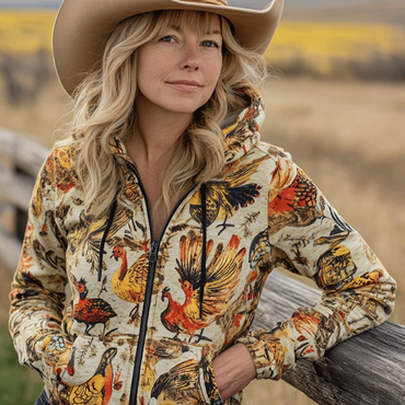 Women's Vintage Western Cowboy Chic Turkey Printed Thanksgiving Zipper Hat Hoodies