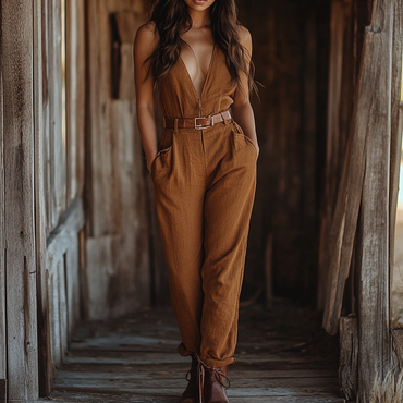 Women's Western Cowboy V-neck Chic Zipper Cotton And Linen Jumpsuit