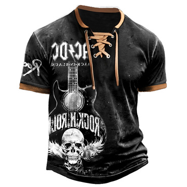 Men's T-shirt Acdc Rock Chic Band Guitar Skull Vintage Lace-up Short Sleeve Color Block Summer Daily Tops