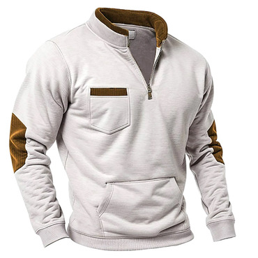 Men's Vintage Contrast Corduroy Chic Pocket Quarter Zip Sweatshirt