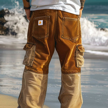 Men's Vintage Corduroy Outdoor Chic Multi-pocket Color Block Cargo Pants Trousers