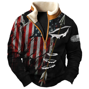 Men's Vintage American Flag Chic Fishing Print Fleece Quarter Zip Collar Sweatshirt