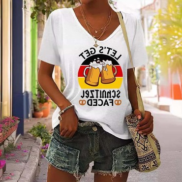 Women's Vintage Let's Get Chic The Schnitzel Faced Oktoberfest Print Short Sleeve V-neck Casual T-shirt