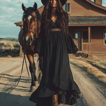 Women's Boho V Neck Chic Ruffled Lace Belt Country Maxi Dress Black