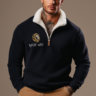 Men's Vintage Fleece Embroidery Chic Lion Is The King Quarter Zip Collar Color Block Sweatshirt