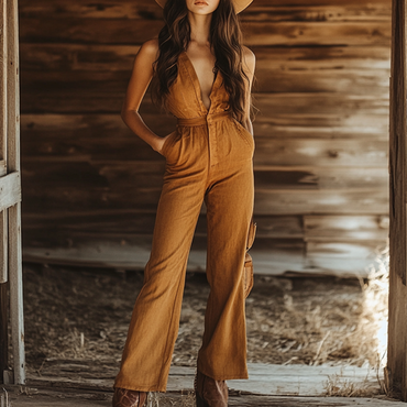 Women's Western Cowboy V-neck Chic Button Cotton And Linen Jumpsuit