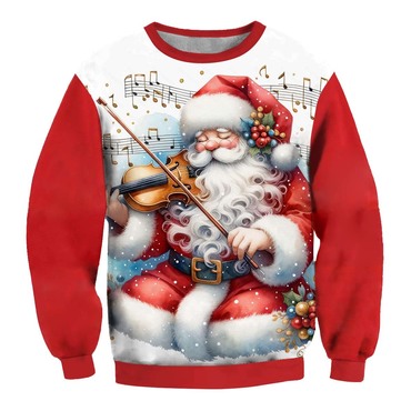 Men's Vintage Santa Play Chic The Violin Print Crew Neck Ugly Christmas Sweatshirt