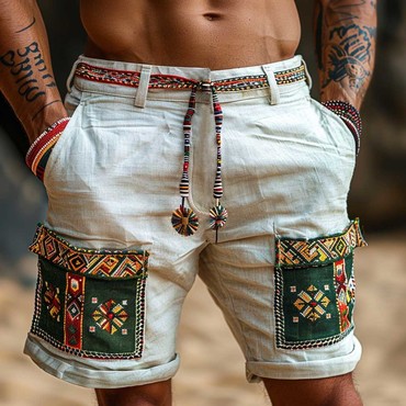 Men's Vintage Cotton And Chic Linen Ethnic Aztec Hippie Print Casual Shorts