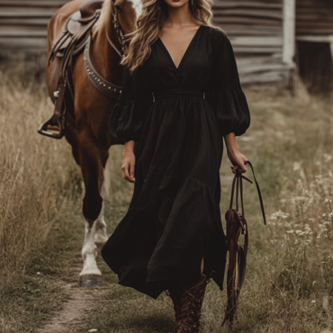 Women's Puffy Sleeves V Neck Chic Ruffled Country Maxi Dress Black