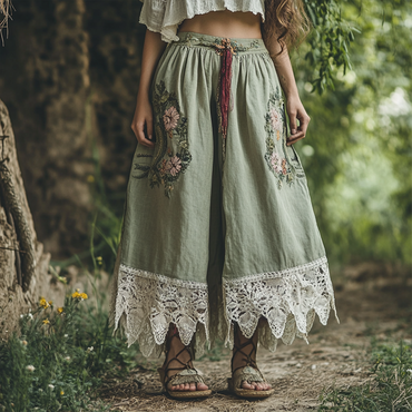 Women's Vintage Rustic Boho Chic Vacation Mint Green Lace Loose Floral Linen Skirt