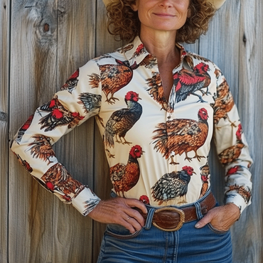 Women's Western Cowboy Thanksgiving Chic Turkey Printed Shirt