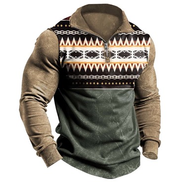 Men's Vintage Western Ethnic Chic Style Aztec Quarter-zip Stand Collar Long Sleeve Sweatshirt