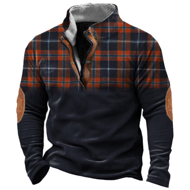 Men's Vintage Plaid Print Chic Casual Colorblock Stand Collar Sweatshirt