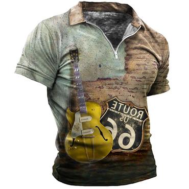 Men's Vintage Route 66 Chic Guitar Print Zip Polo T-shirt