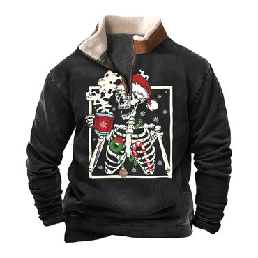 Men's Vintage Christmas Skeleton Chic Lamb Fleece Collar Spliced Sweatshirts