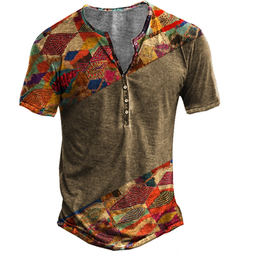 Men's Aztec Print Henley Chic Short Sleeve T-shirt