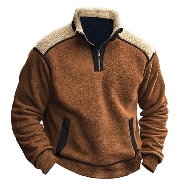 Men's Vintage Fleece Color Chic Block Stand Collar Quarter Zip Sweatshirt