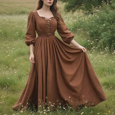 Women's Vintage Linen Lace Chic Lace-up Pastoral Long Sleeve Brown Dress