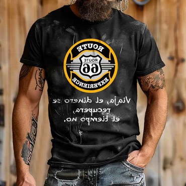 Men's Vintage Route 66 Chic Road Trip Print Crew Neck Short Sleeve T-shirt