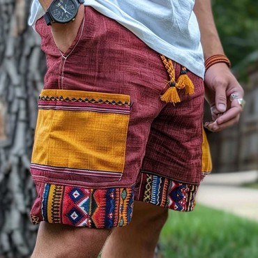 Men's Vintage Cotton And Chic Linen Ethnic Aztec Hippie Print Casual Elastic Cargo Shorts