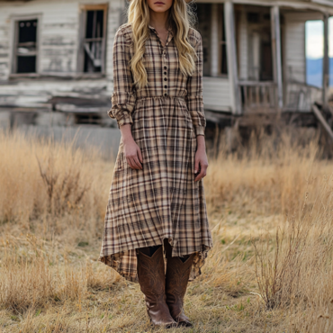 Ladies Vintage Western Style Chic Pastoral Shirt Collar Checked Fabric Rustic Boho Dress