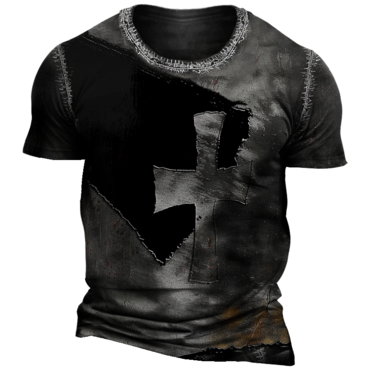 Men's Retro Cross Faith Chic Color Block Print Crew Neck T-shirt