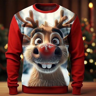 Men's Cute Elk 3d Print Chic Christmas Cartoon Crew Neck Long Sleeve Sweatshirts