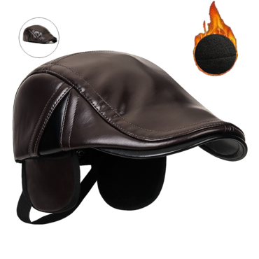 Men's Retro Patchwork Pu Chic Warm Ear Protection Cap