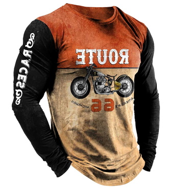 Men's Vintage Route 66 Chic Road Trip Races Long Sleeve Casual Crew Neck T-shirt