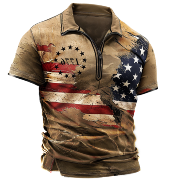 Men's T-shirt Vintage American Chic Flag Print Short Sleeve Summer Daily Polo Neck Tops